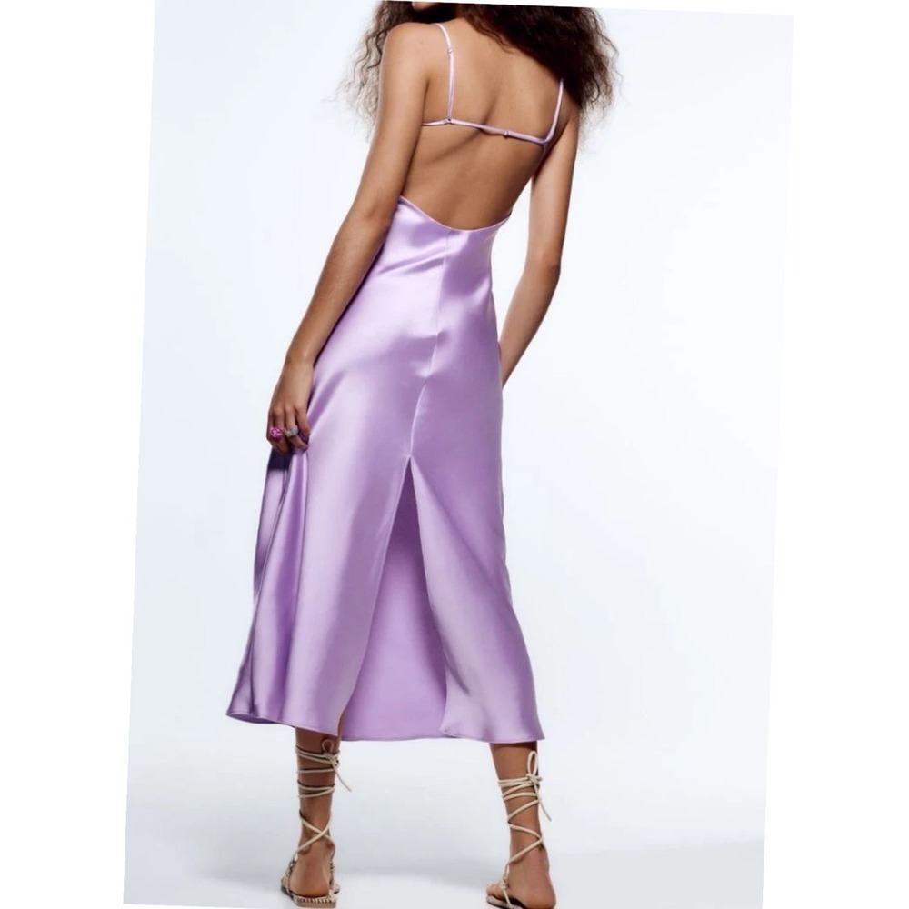 NWT Zara Lilac Purple Satin Strappy Slip Midi Dress Straps Women 3304 361 XS - Picture 7 of 8